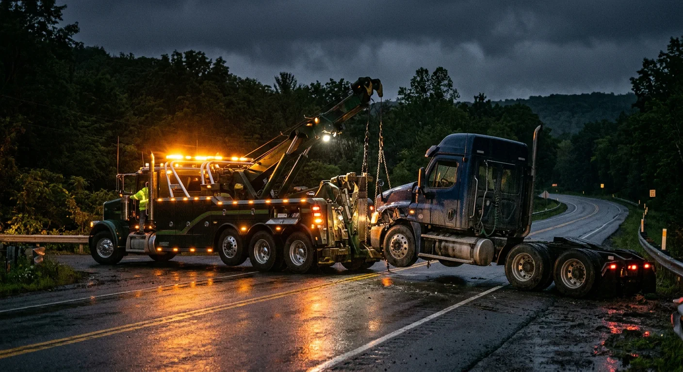 Heavy wrecker lifting a commercial tractor on a wet road