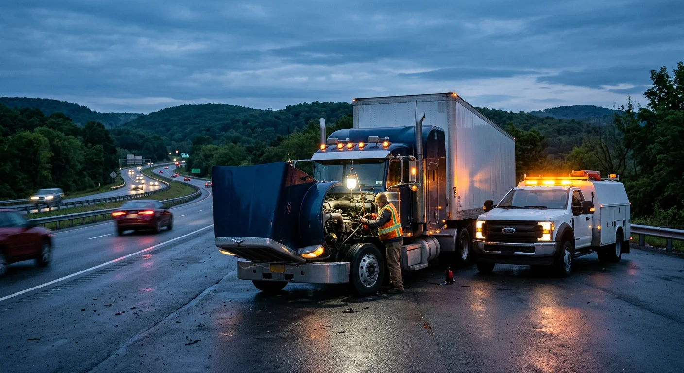 Commercial truck receiving roadside attention on a highway shoulder